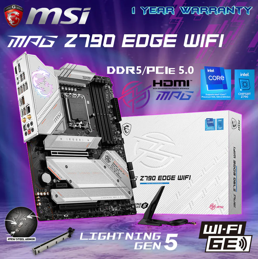Z790 EDGE WIFI MSI MPG Z790 EDGE WIFI DDR5 ATX Motherboard With PCIe 5.0 Slot, Support Intel® Core™ 14th/ 13th/ 12th Gen , DDR5 7200+ MHz, Wi-Fi 6E, 5x M.2 Gen 4, 2.5G LAN, USB 20Gbps Type-C | WHITE SILVER ACCENTS