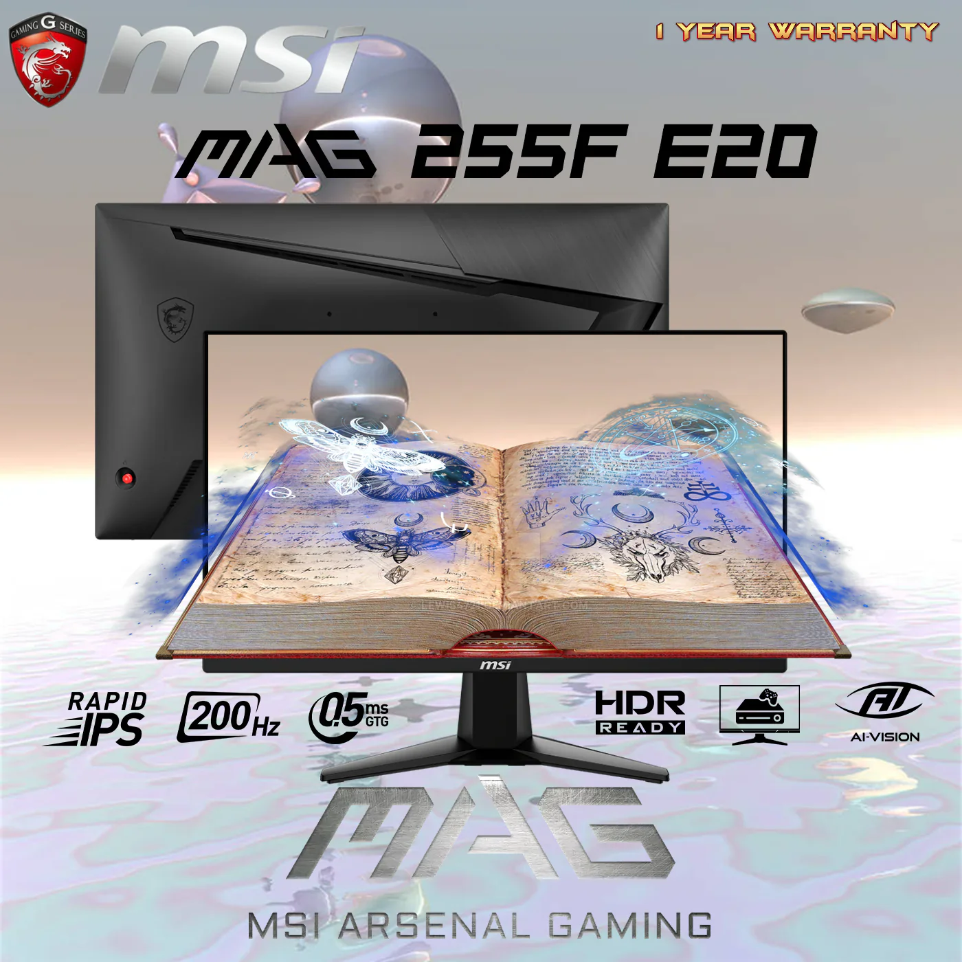 255F E20 MSI MAG 255F E20 24.5" FHD Gaming Monitor With 200Hz Rapid IPS, 0.5ms Response, HDR Ready, Adaptive Sync, HDMI 2.0b, DisplayPort, Anti-Flicker, Tilt Stand, VESA Mount | Metallic Black