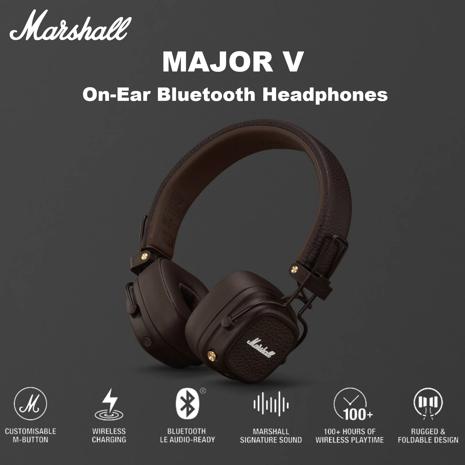 MAJOR-V MARSHALL MAJOR V HEADPHONES 3.5MM INTEGRATED WIRELESS CHARGING BROWN Marshall MAJOR V On-Ear Bluetooth Headphones With 100+ Hours Playtime, Wireless & USB-C Charging, Customisable M-Button, Bluetooth 5.3 LE Audio, 40mm Drivers | BROWN 