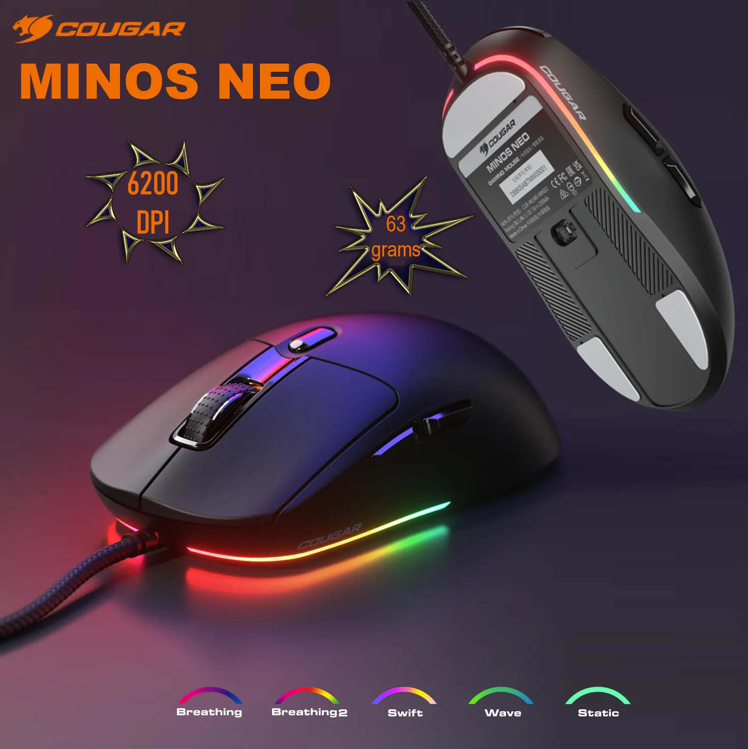 CGR-WLMB-MINEO COUGAR MOUSE MINOS NEO 6200dpi WIRED RGB GAMING BLACK  COUGAR Minos Neo Symmetrical Wired Gaming Mouse | PixArt PAW3327 Optical Sensor | 6,200 DPI | 1,000 Hz Polling Rate | Ultra-Lightweight 63g | RGB Lighting | Omron 30M Switches | BLACK