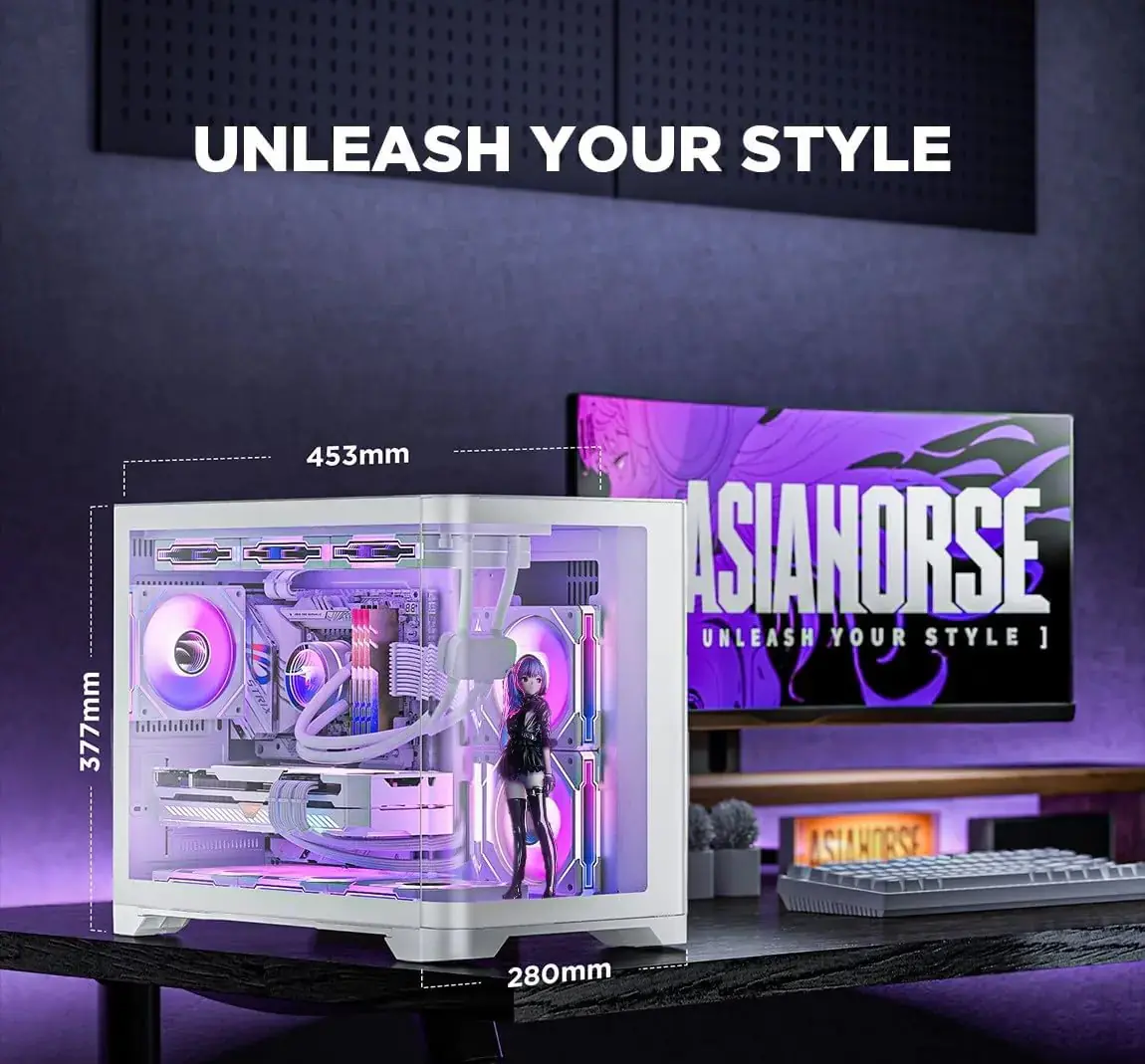 AsiaHorse Pegasus Mid Tower M-ATX Case White – Full Tempered Glass, Curved Panel, Type-C I/O, 360mm Water Cooling Support, 400mm GPU Clearance