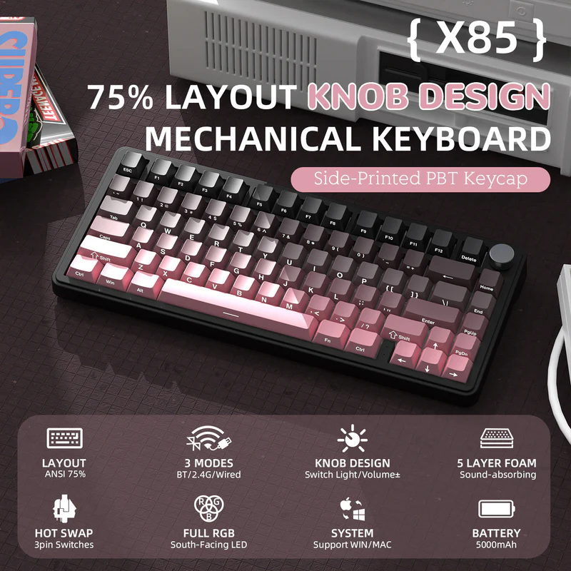 Attack Shark X85 Wireless Mechanical Keyboard – 75% Tri-Mode with Linear White Jade Switches, RGB, Hot-Swappable PCB & CNC Aluminum Volume Knob, Blackberry