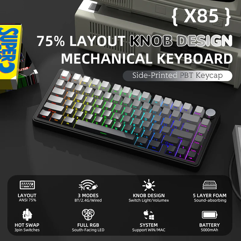 Attack Shark X85 Wireless Mechanical Keyboard – 75% Tri-Mode with Linear White Jade Switches, RGB, Hot-Swappable PCB & CNC Aluminum Volume Knob, Gradient Black