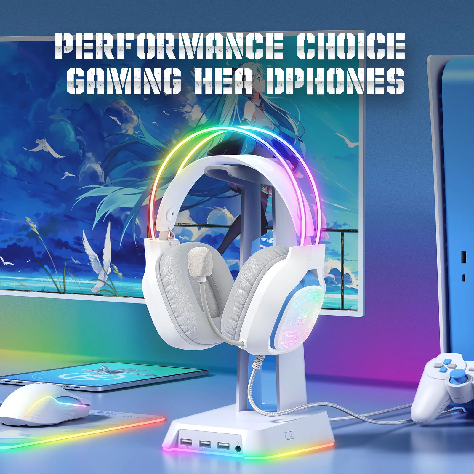 ONIKUMA X22 RGB Wired Gaming Headset – White | 50mm Drivers, Stereo Sound, Noise-Reduction Mic, 360° Omnidirectional, USB + 3.5mm, Adjustable Headband