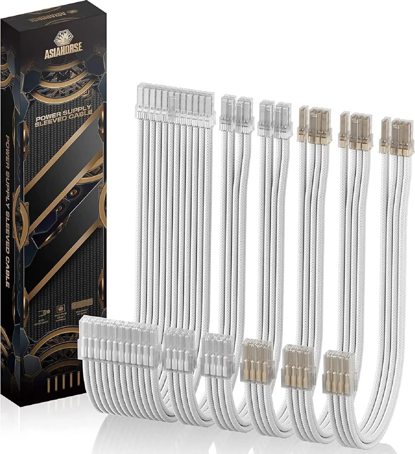 Asiahorse 16AWG Transparent Sleeved PSU Extension Cable Kit – 6-Pack, 300mm, PET Braided, Gold-Plated Terminals, Soft Material, Dual CPU Support, White