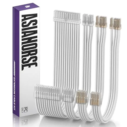 ASIAHORSE Transparent Sleeved PSU Extension Cable 4 Kit – 16AWG UL1007 Wires, 24-Pin ATX, PCIe 6+2, CPU 4+4, PET Braided, 30cm Length, Gold-Plated Terminals – White