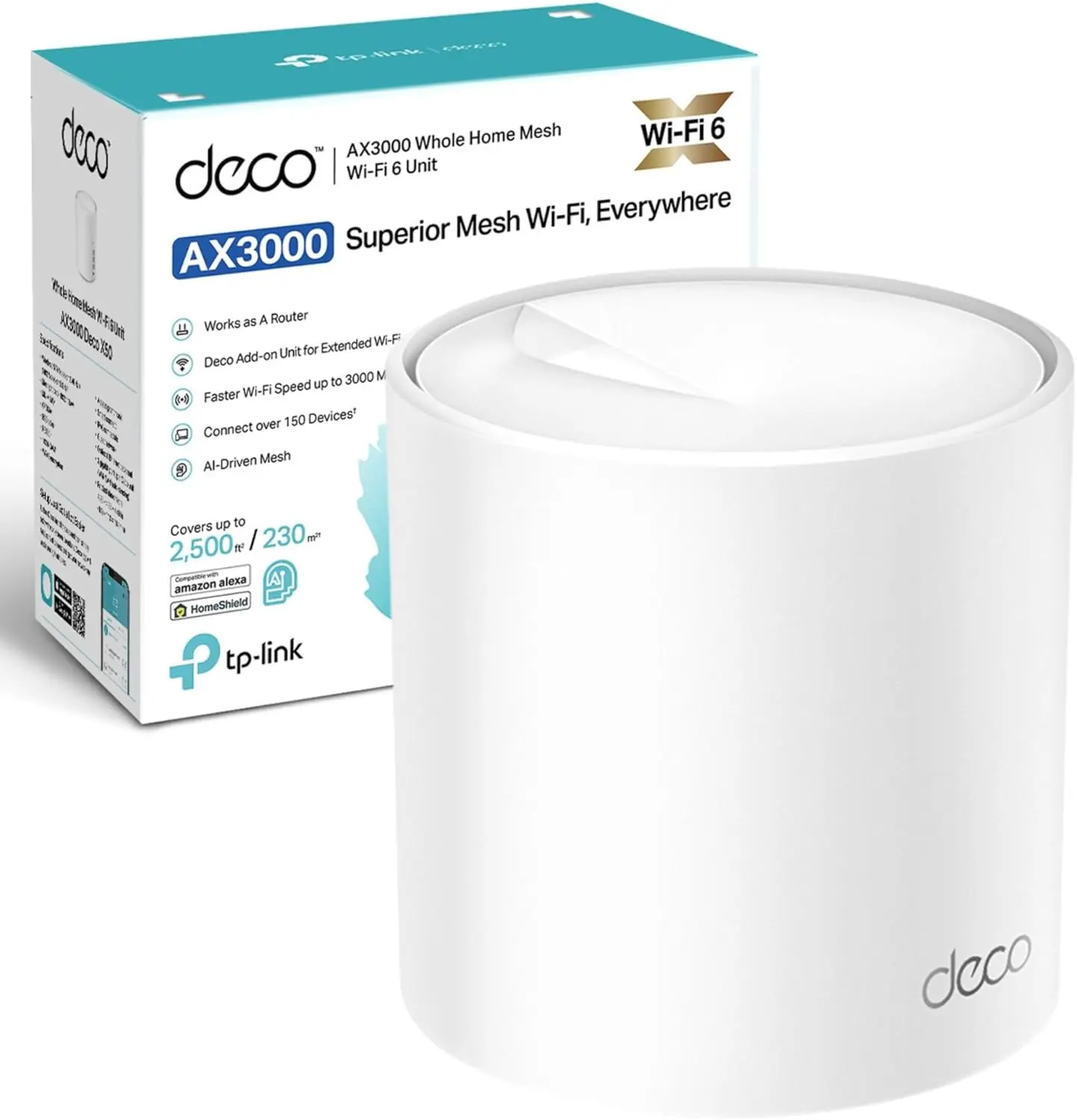 TP-Link Deco X50 AX3000 Mesh WiFi 6 System (1-Pack) – Dual-Band 2402 Mbps + 574 Mbps, AI-Driven Coverage up to 2,500 ft², 3× Gigabit Ports, HomeShield Security, Easy Setup