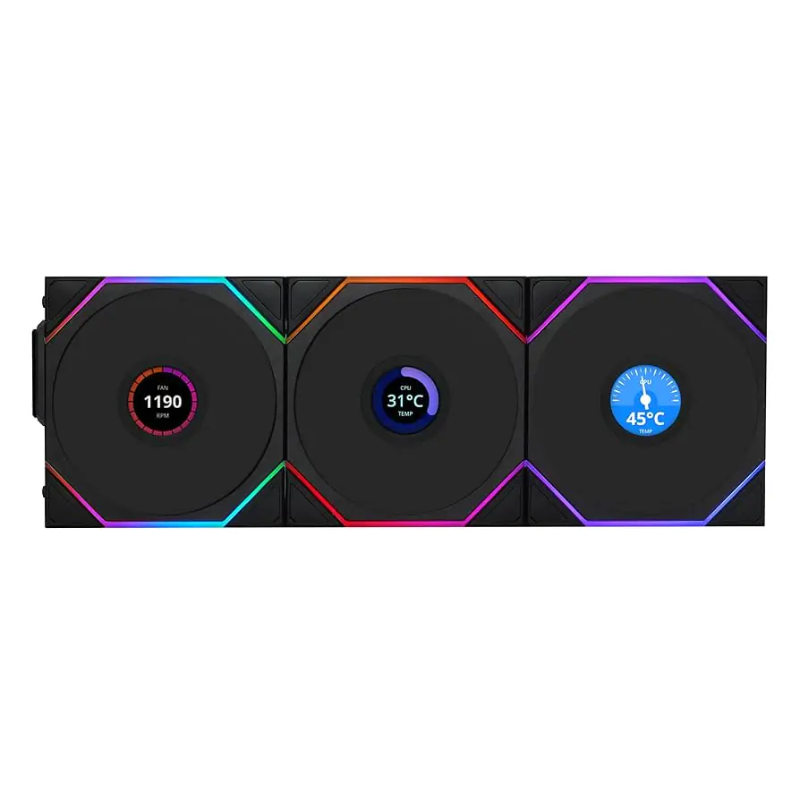 Lian Li UNI Fan TL LCD 120 Wireless - Triple Pack - 2.4 GHz Wireless Controller Included - Daisy Chain & Infinity Mirror Design - LCD Display - Controller required. - Black (12TLLCD1W3B)