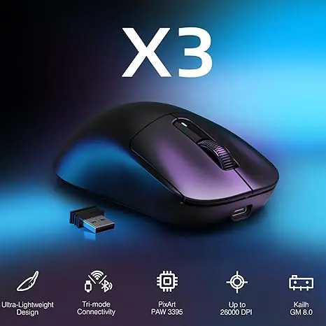 Attack Shark X3 49g Superlight Wireless Gaming Mouse – PAW3395 Sensor, 26K DPI, Tri-Mode (2.4G/Bluetooth/Wired), 1000Hz, 200-Hour Battery, TTC Encoder – Black Ergonomic