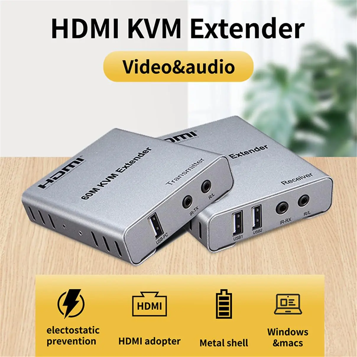 HDMI KVM Extender 60M with USB, Dual HDMI, 1080P, 2-Way Audio | Plug & Play, EDID Switch, Smart Chip, Multi-System Support, Long-Range AV + USB Transmission
