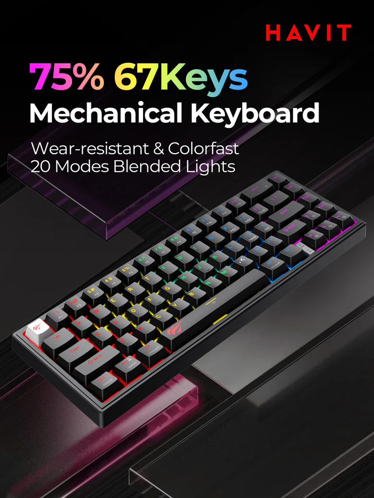 HAVIT-KB874L HAVIT KEYBOARD KB874L / RED SWITCH / RGB WIRED GAMING MECHANIAL BLACK Havit KB874L 75% Compact Blended Light Red Switch Mechanical Keyboard With 67 Keys, 20 Lighting Modes, All Keys Roll-Over, USB Interface, 50M Key Life & Durable Dual-Color Molding | BLACK 