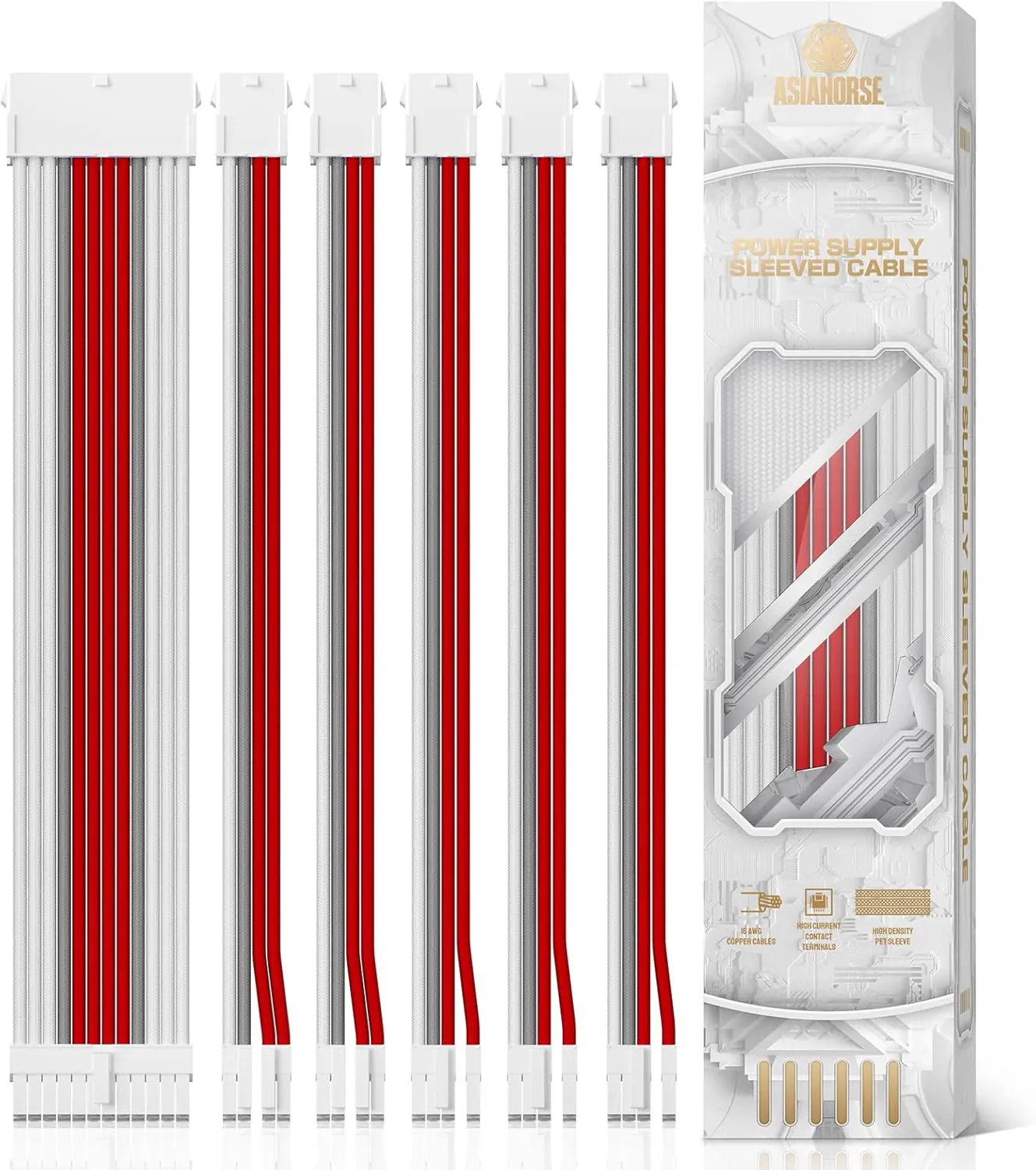 ASIAHORSE Snow Series PSU Cable Extension Kit – 16AWG Cotton Sleeved, 6-Pack, Double CPU Support, 300mm Length, PET Braided, Gold-Plated Terminals, Red-White-Grey
