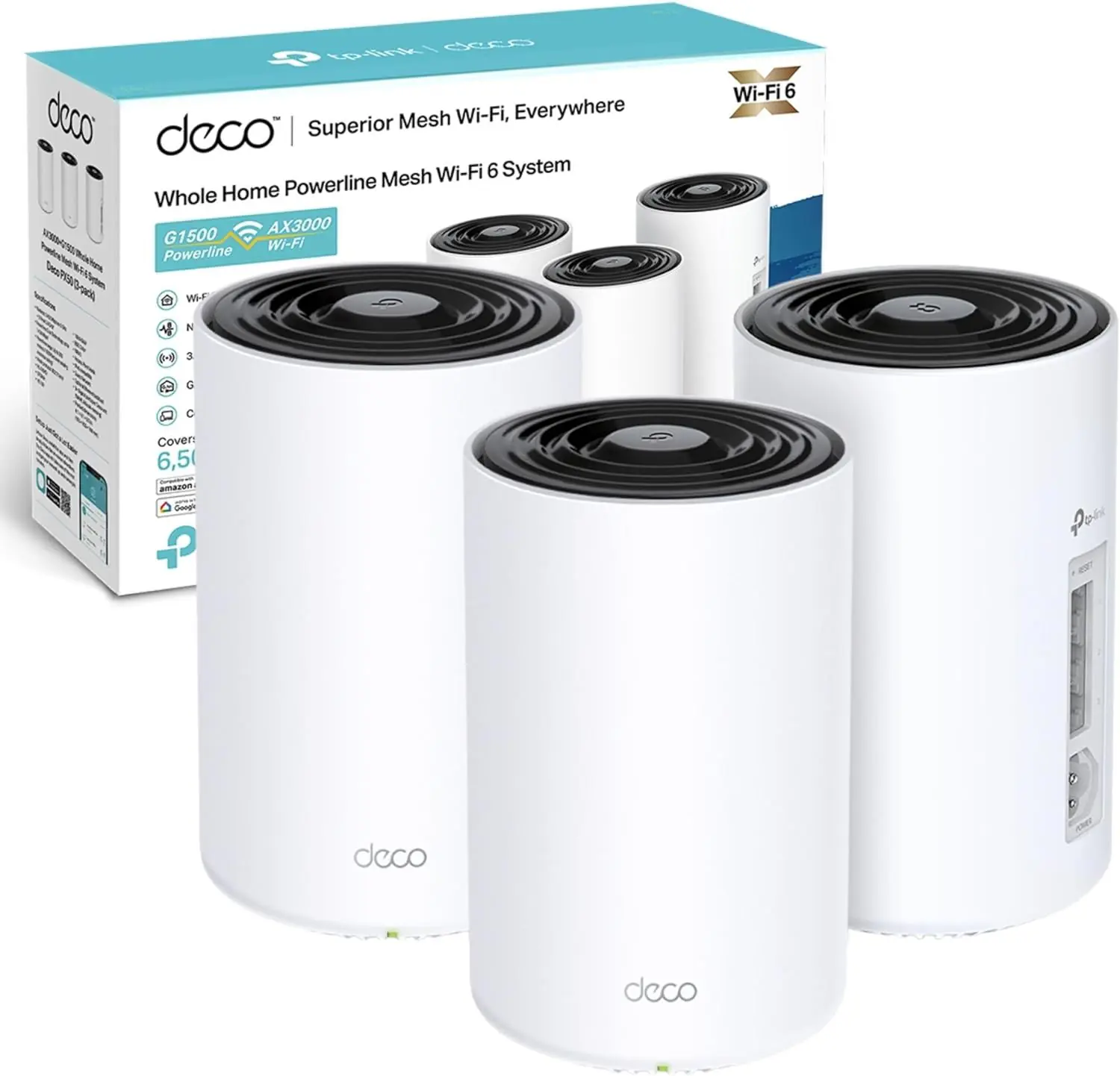 TP-Link Deco PX50 AX3000 + G1500 Powerline Mesh WiFi 6 System (3-Pack), AI-Driven, 6,500 ft² Coverage, 3× Gigabit Ports, HomeShield Security, Alexa & Google Compatible