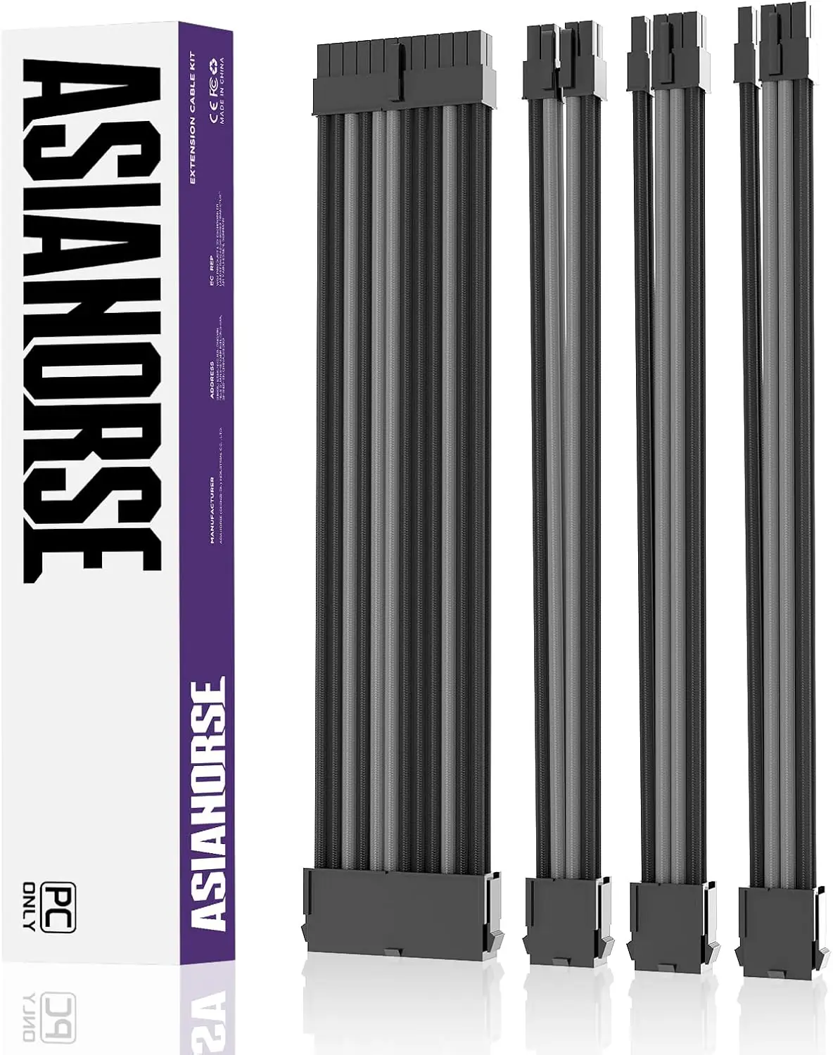 ASIAHORSE 18AWG Black-Grey PSU Cable Extension Kit – 4 Pack (24-Pin ATX, 4+4 Pin EPS, 2x PCI-E 6+2) Braided Sleeved, Soft Nylon, Cable Combs, Universal Compatibility