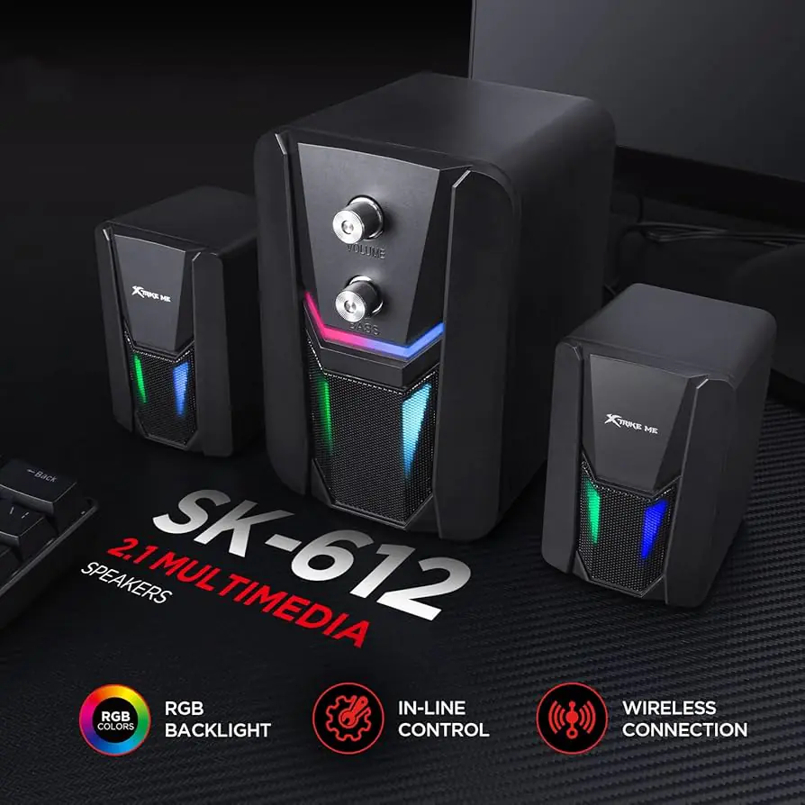 XTRIKE ME SK-612 2.1 Multimedia Speaker System – RGB Lighting, Subwoofer, 11W Output, USB Power, Stereo Sound, 150Hz-20KHz Frequency Response, 3.5mm Jack