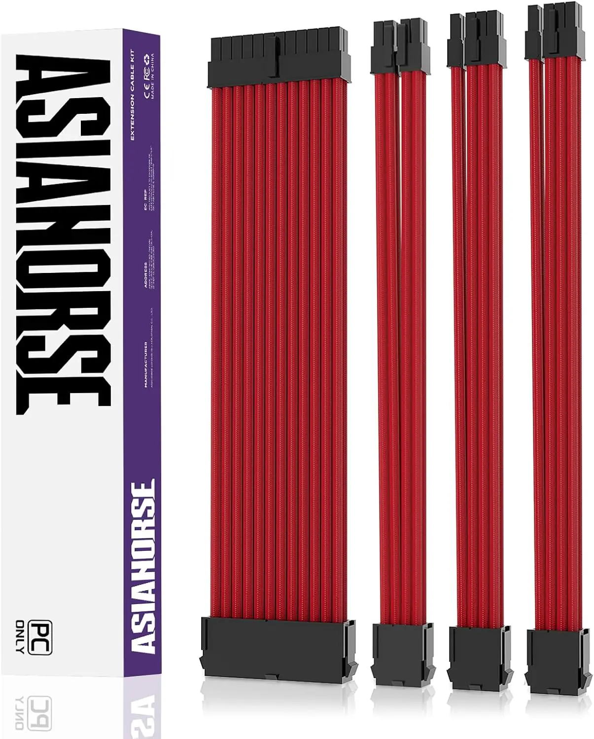 ASIAHORSE 18AWG Red PSU Cable Extension Kit – 4 Pack (24-Pin ATX, 4+4 Pin EPS, 2x PCI-E 6+2) Braided Sleeved, Soft Nylon, Cable Combs, Universal Compatibility