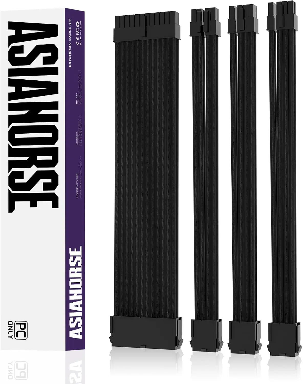 ASIAHORSE 18AWG Black PSU Cable Extension Kit – 4 Pack (24-Pin ATX, 4+4 Pin EPS, 2x PCI-E 6+2) Braided Sleeved, Soft Nylon, Cable Combs, Universal Compatibility