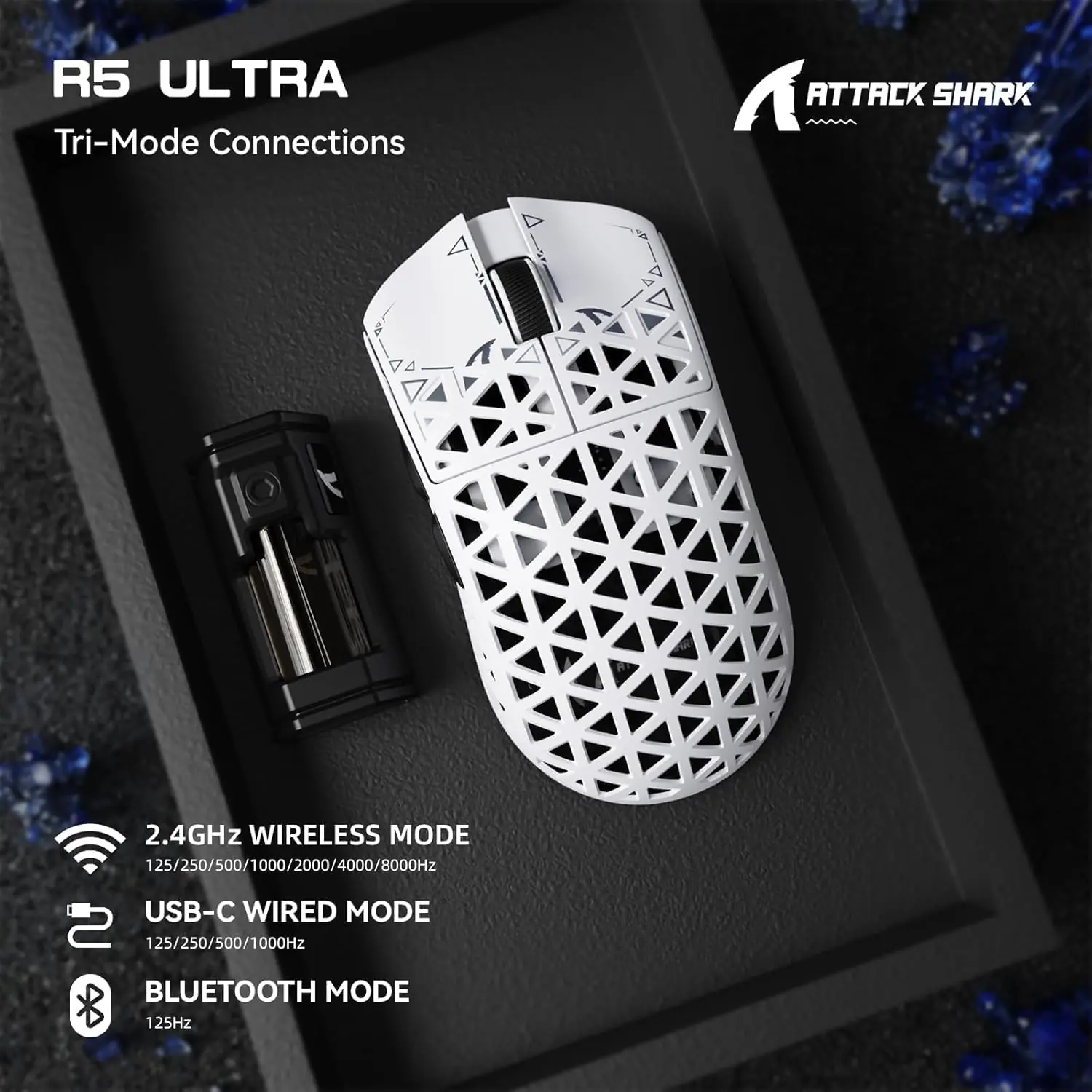 71PkJvW6tRL._AC_SL1500_ Attack Shark R5 Ultra 39g Wireless Gaming Mouse – Carbon Fiber Shell, PAW3950 Sensor, 42K DPI, 8000Hz Polling, Tri-Mode, Omron Switches, White Ergonomic Pro Mouse - Image 1