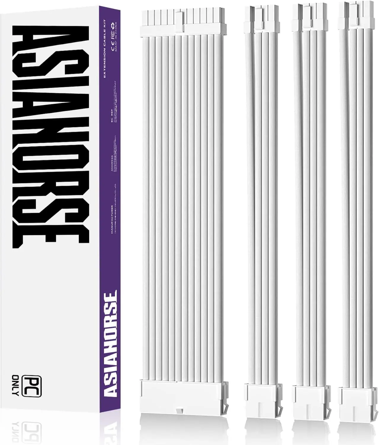 ASIAHORSE 18AWG Snow White PSU Cable Extension Kit – 4 Pack (24-Pin ATX, 4+4 Pin EPS, 2x PCI-E 6+2) Braided Sleeved, Soft Nylon, Cable Combs, Universal Compatibility