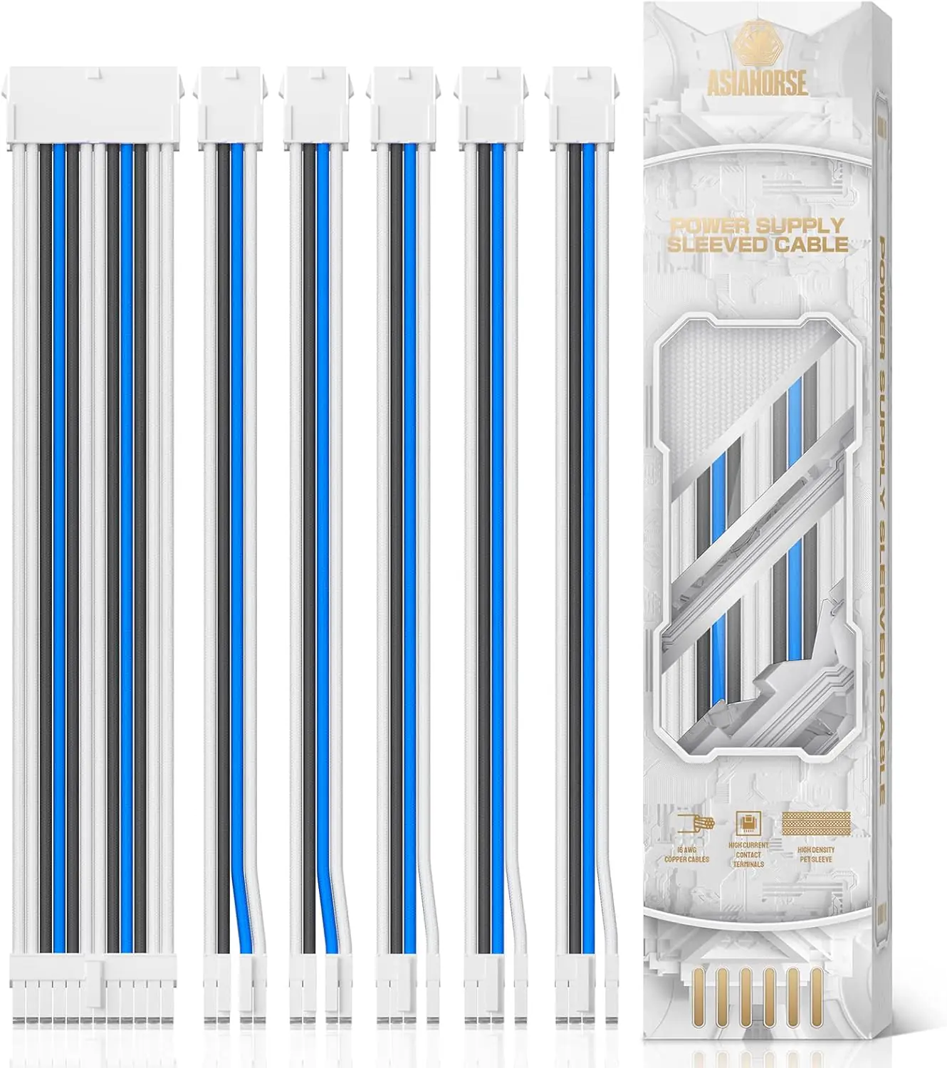 ASIAHORSE Snow Series PSU Cable Extension Kit – 16AWG Cotton Sleeved, 6-Pack, Double CPU Support, 300mm Length, PET Braided, Gold-Plated Terminals, Blue-White-Grey