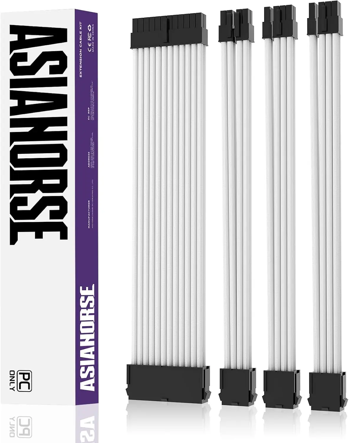 ASIAHORSE 18AWG White PSU Cable Extension Kit – 4 Pack (24-Pin ATX, 4+4 Pin EPS, 2x PCI-E 6+2) Braided Sleeved, Soft Nylon, Cable Combs, Universal Compatibility