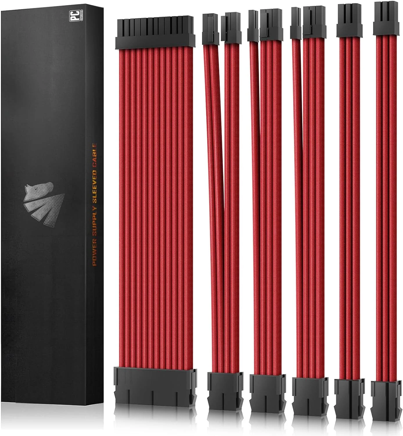 AsiaHorse 18AWG Red Sleeved PSU Extension Cable Kit – 6 Pack, 300mm, PET Braided, Phosphor Copper Terminals, Durable & Flexible Cable Management Solution