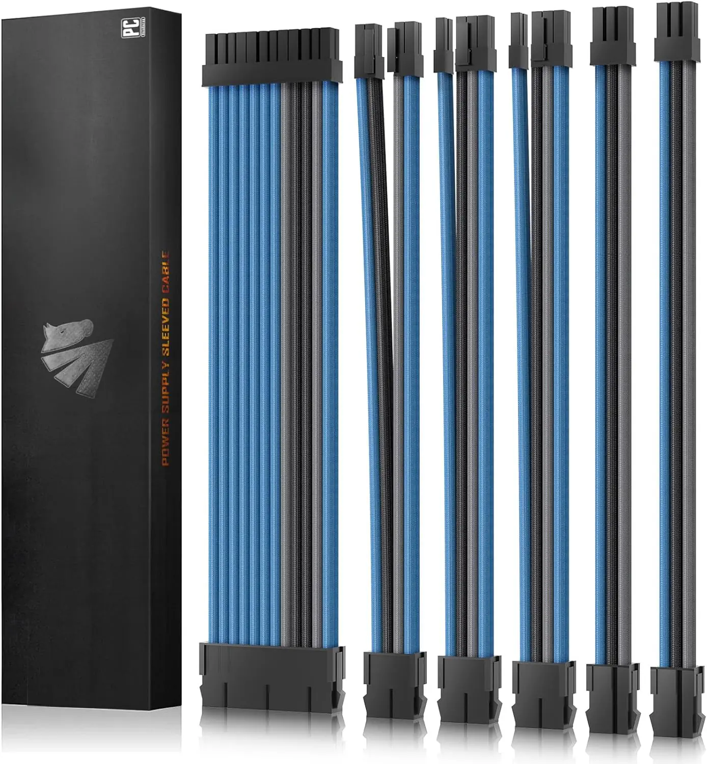 AsiaHorse 18AWG Blue-Grey-Black Sleeved PSU Extension Cable Kit – 6 Pack, 300mm, PET Braided, Phosphor Copper Terminals, Durable & Flexible Cable Management Solution