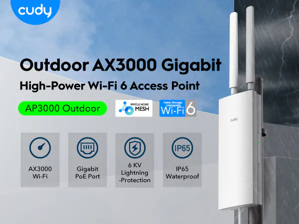 CUDY AP3000 Outdoor AX3000 Wi-Fi 6 Access Point | IP65, 6kV Surge, 1.3GHz Dual-Core, PoE, 320m Range, 200 Devices, Mesh-Ready, MU-MIMO, Beamforming, High Power Antennas