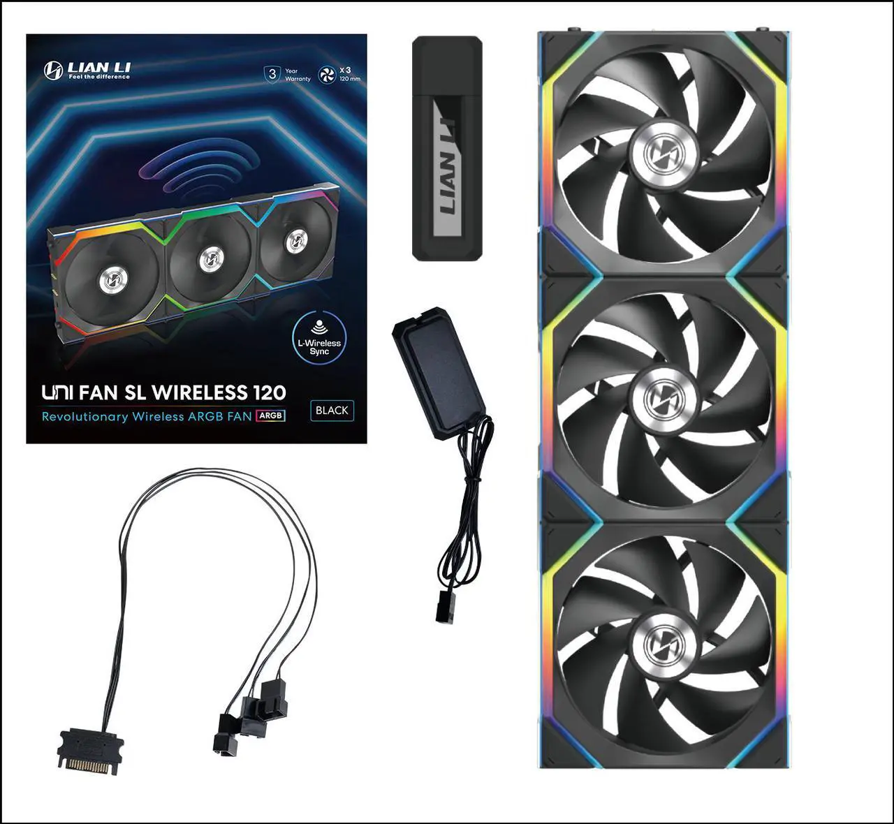 Lian Li UNI Fan SL Wireless 120mm ARGB Triple Pack Black, 3 Fans, Controller Included, 2.4GHz Wireless RGB & Fan Control, Customizable Lighting, High-Performance Cooling