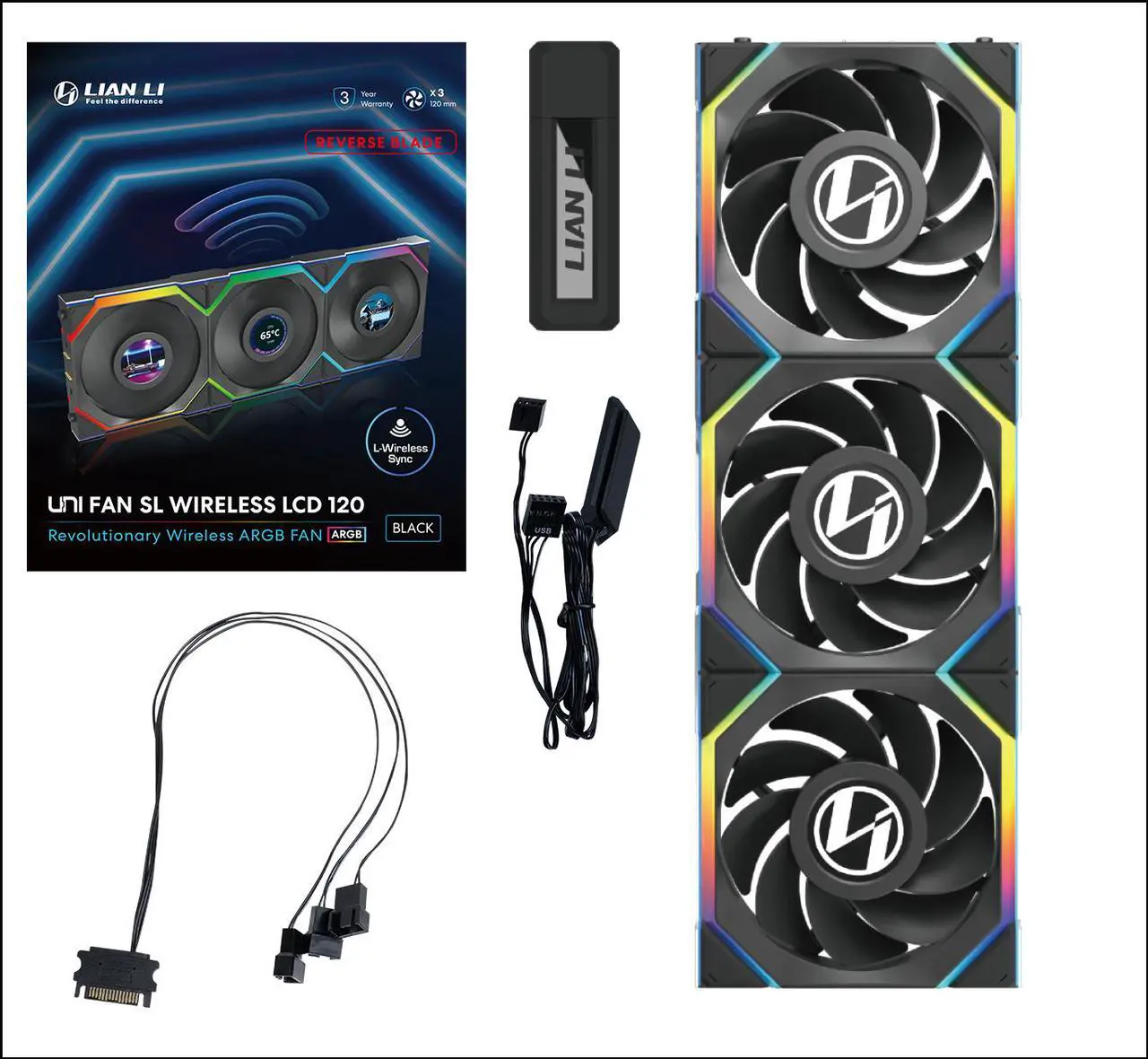 Lian Li UNI Fan SL LCD Wireless (Reverse Blade) 120mm ARGB Fan - Triple Pack - 1.6" LCD Display - 2.4 GHz Wireless Signal for RGB & Fan Control - Controller Included & Required - Black(12RSLLCD1W3B)