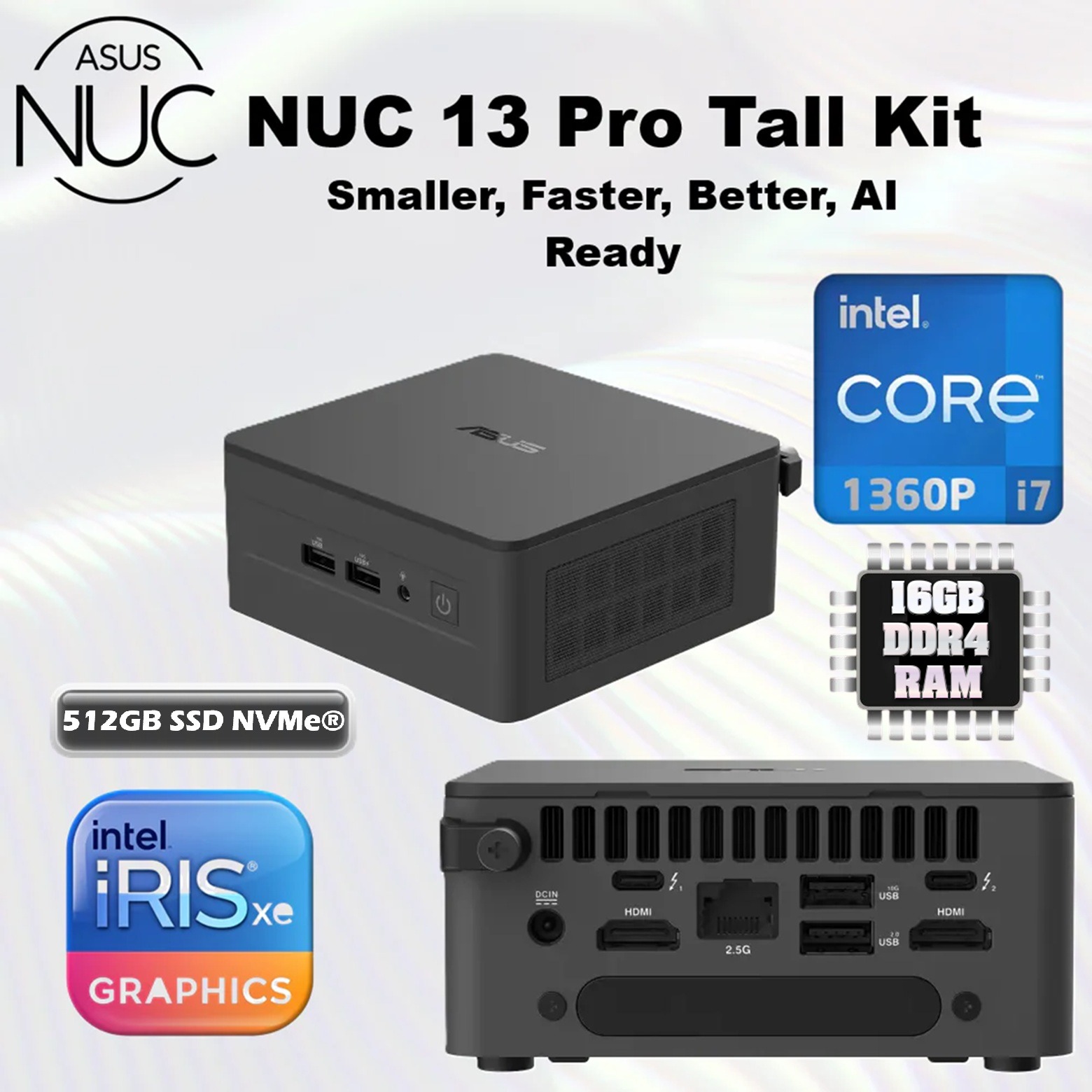 ASUS NUC 13 Pro Tall Mini PC - Intel Core i7 1360P - 16GB DDR4 RAM - 512GB NVMe SSD - Intel Iris Xe Graphics - Bluetooth 5.3, Wi-Fi 6E, 1GbE, 2.5GbE | RNUC13ANHI70003 Mini PC Barebone
