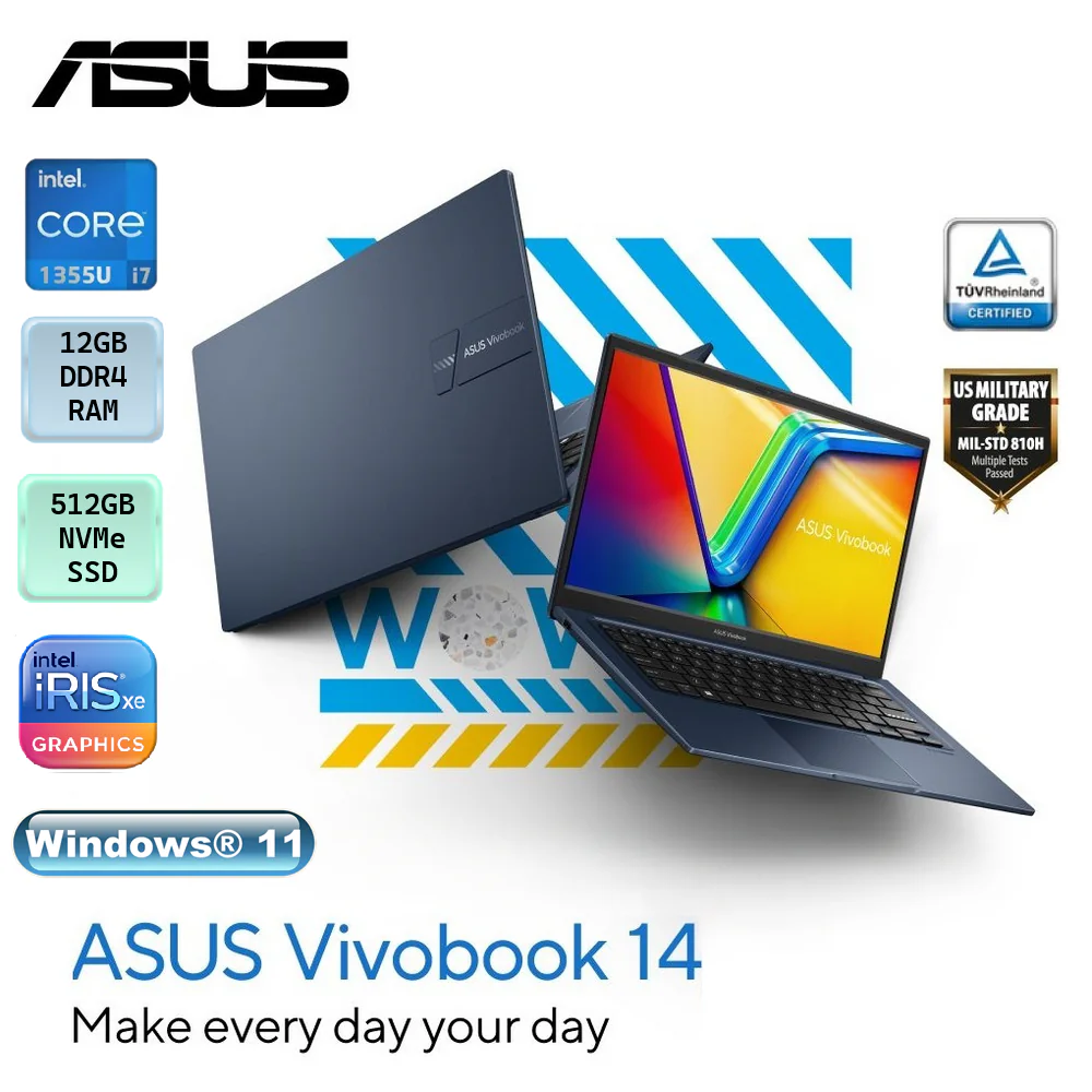 90NB10I1-M016A0 ASUS X1404V I7-1355U DDR4 12GB / 512GB / 14.0" / FHD / WIN 11 ASUS Vivobook 14 X1404 Intel® Core™ i7-1355U | 12GB DDR4 RAM ; 512GB NVMe™ SSD | Intel Iris Xᵉ Graphics | 14-inch FHD IPS Display | Windows 11 | Quiet Blue