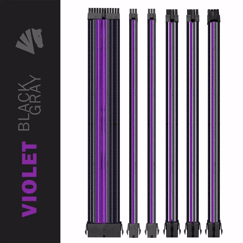 AsiaHorse 18AWG Purple-Grey-Black Sleeved PSU Extension Cable Kit – 6 Pack, 300mm, PET Braided, Phosphor Copper Terminals, Durable & Flexible Cable Management Solution