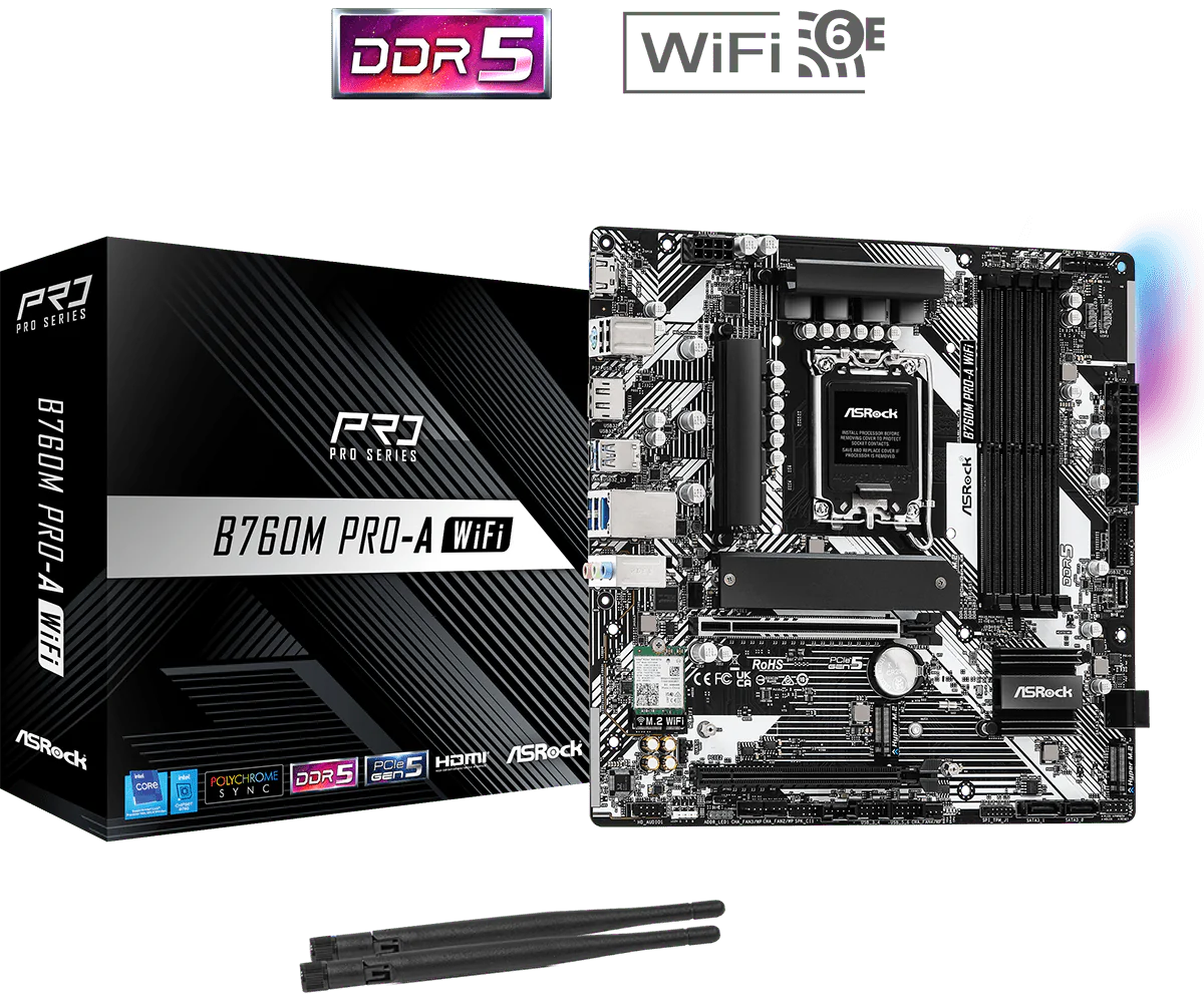 ASRock B760M Pro-A WiFi mATX Motherboard, LGA1700, DDR5 7200+ OC, PCIe 5.0, HDMI/DP, Wi-Fi 6E, Bluetooth, USB-C, 2.5G LAN, Compatible with Intel 14th/13th/12th Gen