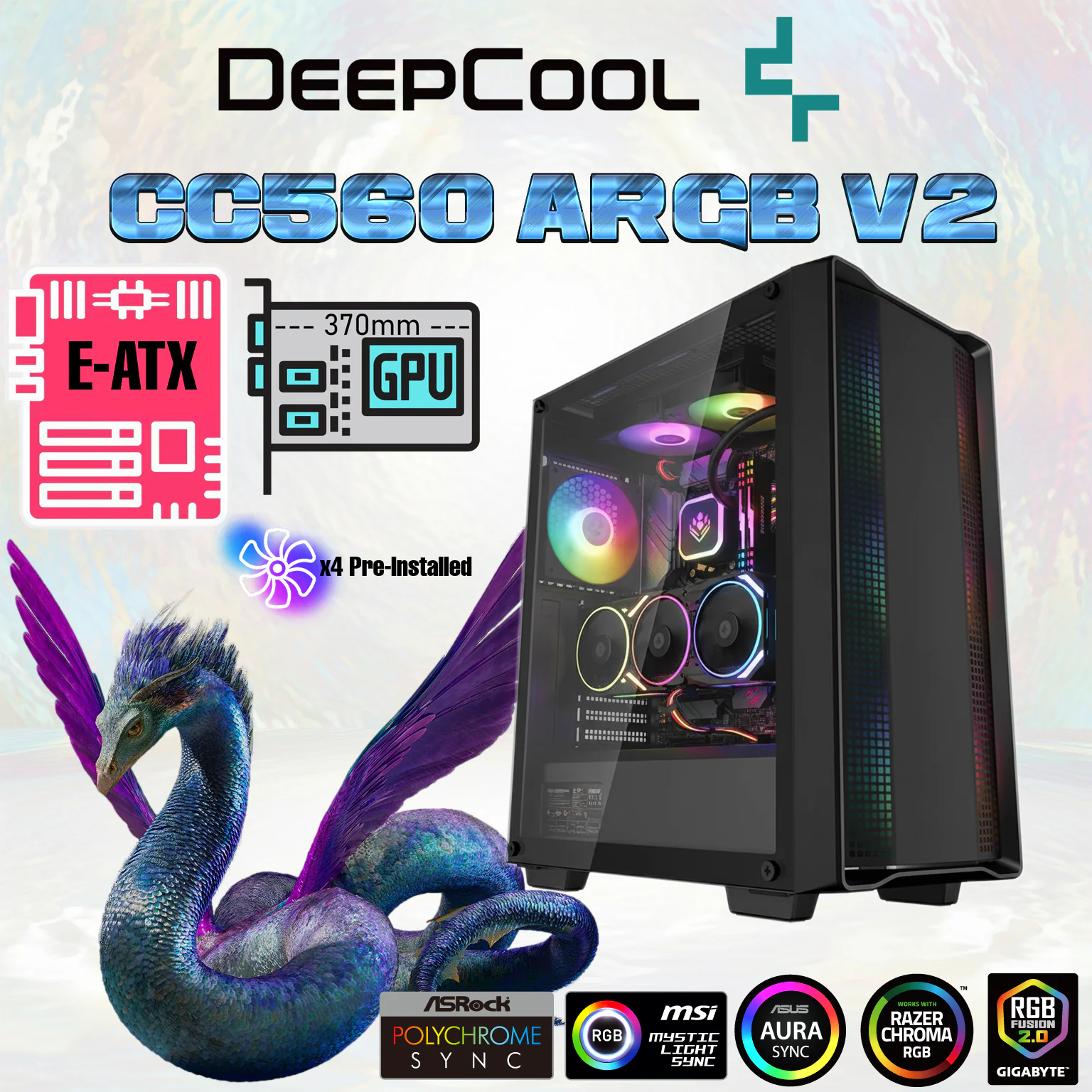 R-CC560-BKTAA4-G-2 DEEPCOOL CASE CC560 ARGB V2 MID TOWER ATX 120mm 4xFAN ARGB TG BLACK DeepCool CC560 ARGB V2  ATX Mid-Tower Case | 4 Pre-Installed ARGB PWM Fans | Airflow Front Panel | Tempered Glass | 360mm Radiator Support , Up to 370mm GPU | E-ATX Compatible | Black
