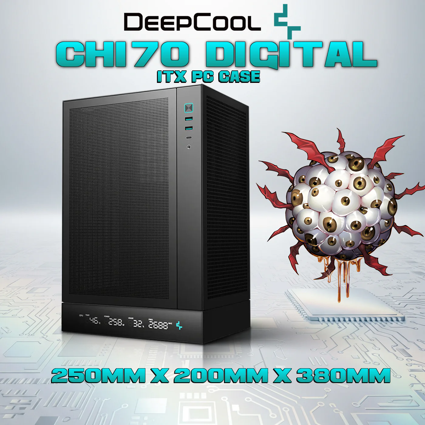 R-CH170-WHNPI0D-G-1 DEEPCOOL CASE CH170 DIGITAL TINY TOWER VERTICAL M-ITX WHITE DeepCool CH170 DIGITAL ITX Case – High Airflow Mesh Panels, Digital Display Base, ATX/SFX PSU Support, 305mm GPU Clearance, Tempered Glass, USB 3.0 & Gen2 Type-C | BLACK 