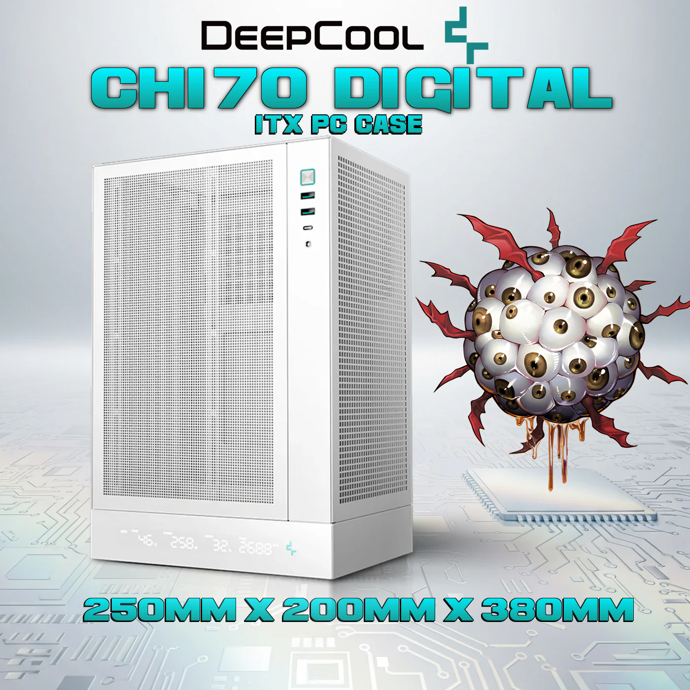 R-CH170-WHNPI0D-G-1 DEEPCOOL CASE CH170 DIGITAL TINY TOWER VERTICAL M-ITX WHITE DeepCool CH170 DIGITAL WH ITX Case – High Airflow Mesh Panels, Digital Display Base, ATX/SFX PSU Support, 305mm GPU Clearance, Tempered Glass, USB 3.0 & Gen2 Type-C | WHITE 