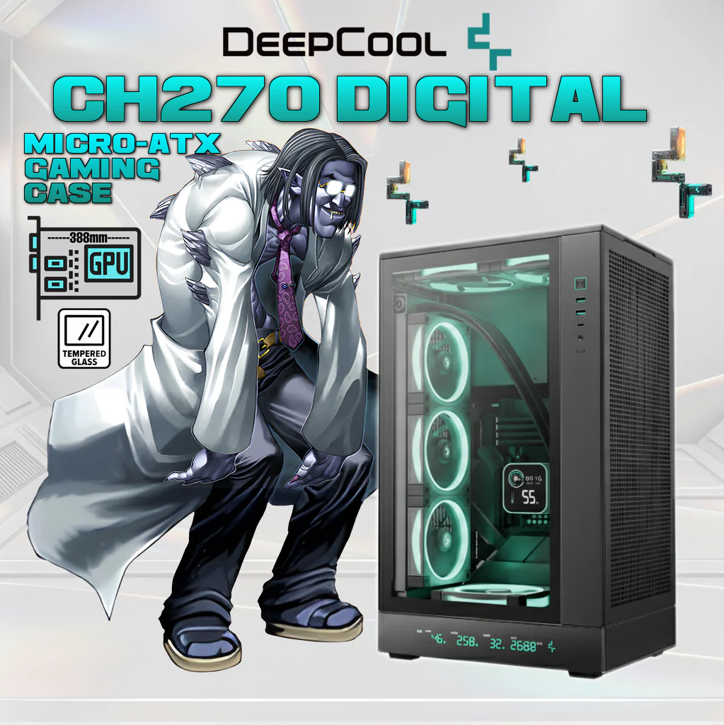 R-CH270-BKNDM0-G-1 DEEPCOOL CASE CH270 DIGITAL MINI TOWER M-ATX TG BLACK DeepCool CH270 DIGITAL Micro-ATX Gaming Case – Tempered Glass Side Panel, Digital Display Base, High Airflow Mesh, 413mm GPU Support, USB 3.0 & Gen2 Type-C | BLACK 