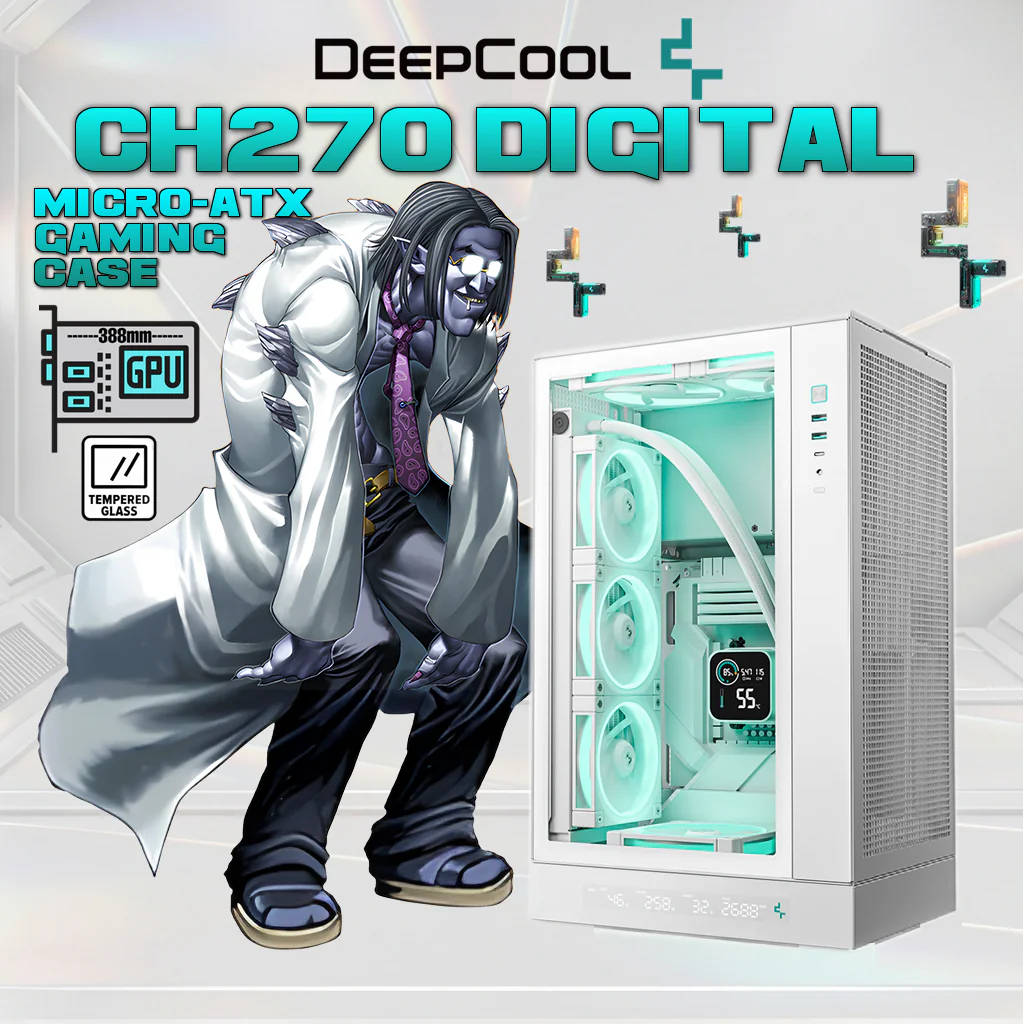 R-CH270-WHNDM0-G-1 DEEPCOOL CASE CH270 DIGITAL MINI TOWER M-ATX TG WHITE DeepCool CH270 DIGITAL WH Micro-ATX Gaming Case – Tempered Glass Side Panel, Digital Display Base, High Airflow Mesh, 413mm GPU Support, USB 3.0 & Gen2 Type-C | WHITE 