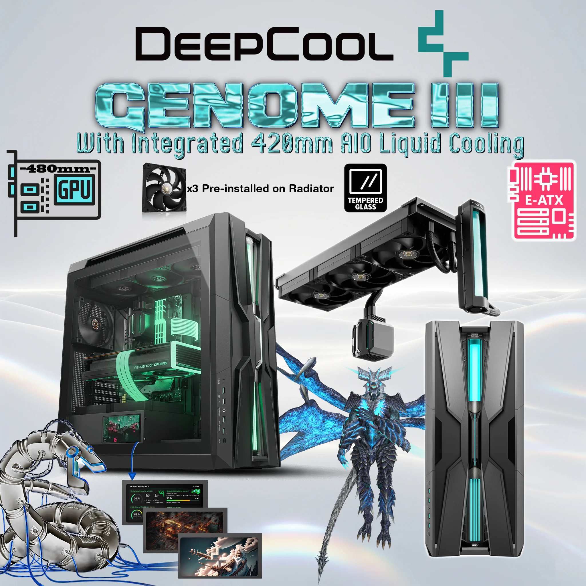R-GENOME-BKALA3-G-3 DEEPCOOL CASE GENOME III FULL TOWER E-ATX 420mm AIO LIQUID COOLER 5.5" LCD TG BLACK DeepCool GENOME III Full-Tower PC Case With Integrated 420mm AIO Liquid Cooling, 5.5-Inch LCD Screen, E-ATX Support, Anti-Leak Reservoir & Premium RGB Design