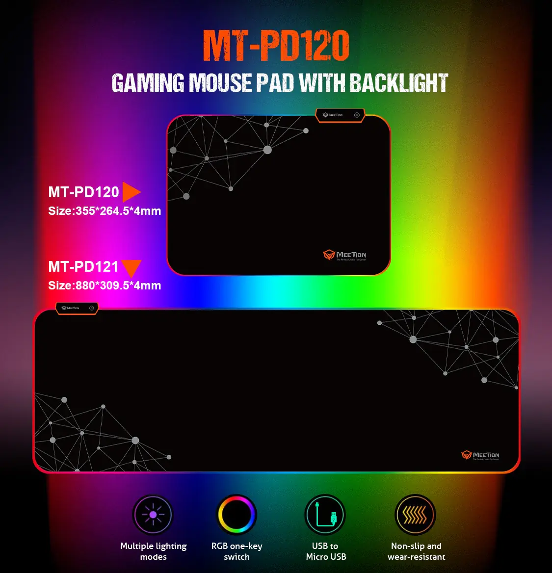 MEETION MT-PD120 RGB Gaming Mouse Pad | 9 Light Modes, 355x265x4mm, Micro-USB Powered, Plexiglass Surface, Non-Slip Rubber Base, Plug & Play, LED Backlit, Black