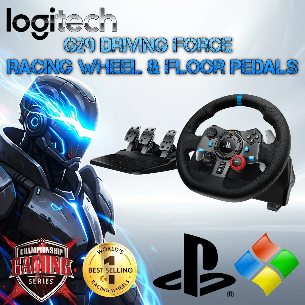 941-000114 LOGITECH G29 DRIVING FORCE STEERING WHEEL & PEDALS BLACK Logitech G29 Driving Force Racing Wheel And Pedals Compatible With PS5, PS4, PS3, And PC With Dual-Motor Force Feedback 900° Rotation And Non-Linear Brake, Hand-Stitched Leather, Stainless Steel Paddle Shifters | BLACK