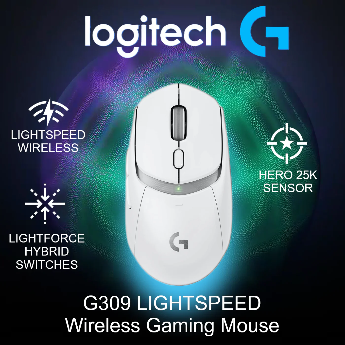 910-007211 LOGITECH MOUSE G309 LIGHTSPEED WIRELESS WHITE Logitech G309 LIGHTSPEED Wireless Gaming Mouse With LIGHTFORCE Hybrid Switches, HERO 25K Sensor, Dual Wireless, 6 Programmable Buttons, 68g Lightweight, 300+ Hr Battery | WHITE 