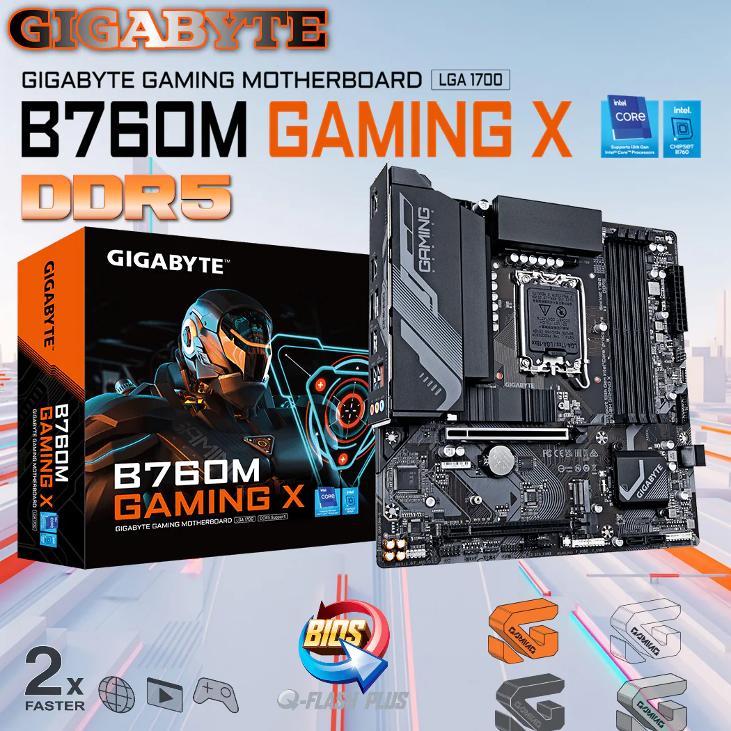 9MB76MGX5-00-G10 GIGABYTE B760M GAMING X DDR5 MOTHERBOARD Gigabyte B760M Gaming X (Rev. 1.0) mATX Motherboard, Intel LGA1700, DDR5 7600 OC, 2x PCIe 4.0 M.2, 2.5GbE LAN, USB-C 10Gb/s, Smart Fan 6, Q-Flash Plus, RGB Fusion, HDMI+DP , Supports 14th, 13th, and 12th Gen Intel® Core™