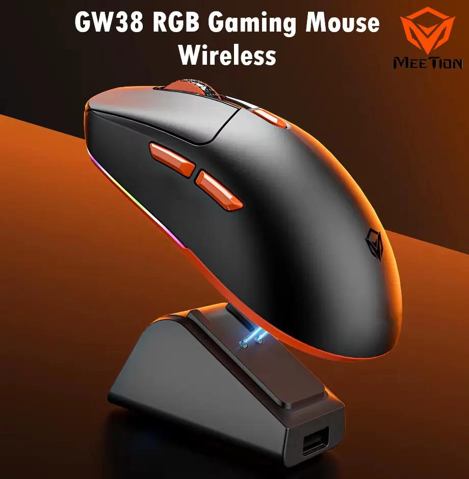 Meetion GW38 RGB Ultra-Lightweight Gaming Mouse – Tri-Mode Wireless + Wired, PAW3104 Sensor, 8000 DPI, Magnetic Charging, RGB Lighting, 1ms Polling, 600mAh Battery