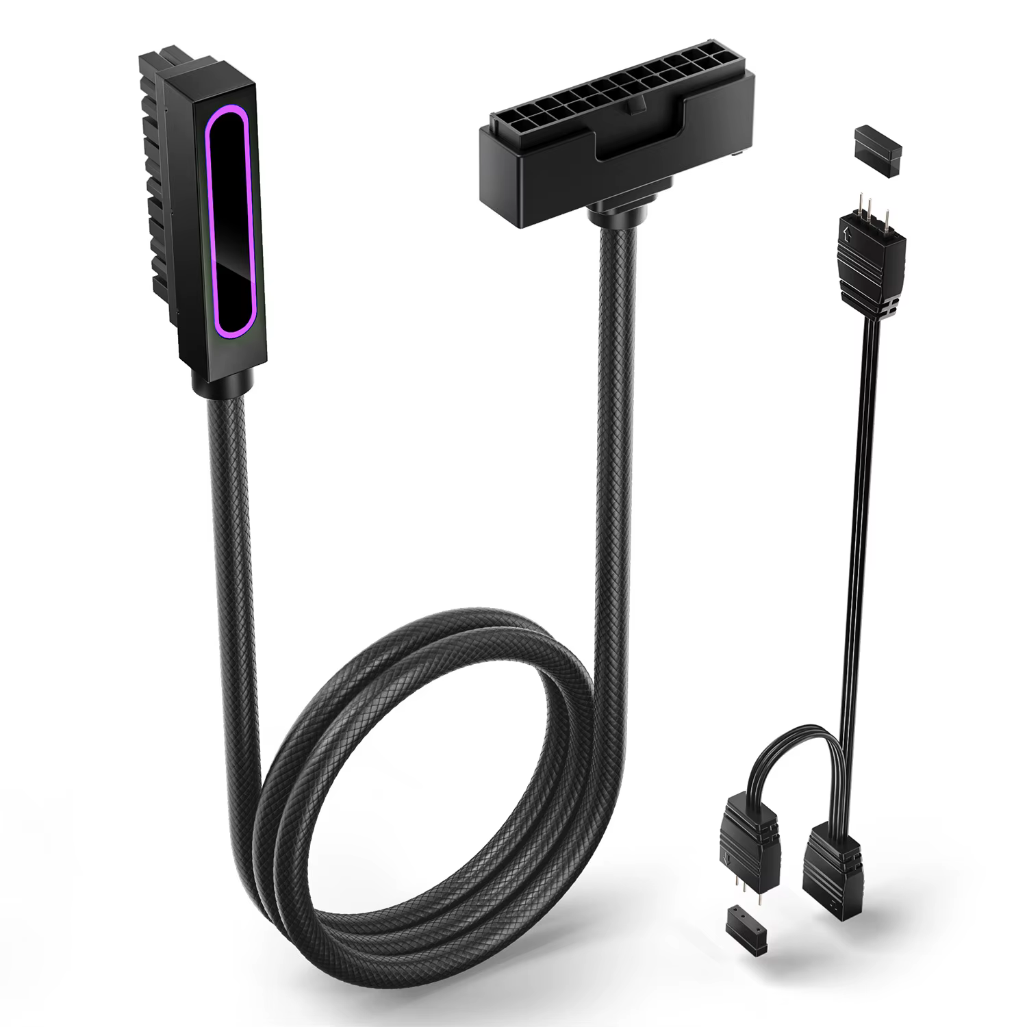 ASIAHORSE Hydrus 24-Pin ARGB PSU Left Extension Cable 400mm – Black, 18AWG, RGB Lighting, PVC Material, 12V Voltage, 250W Rated Power, Premium Cable Mod for PC Builds