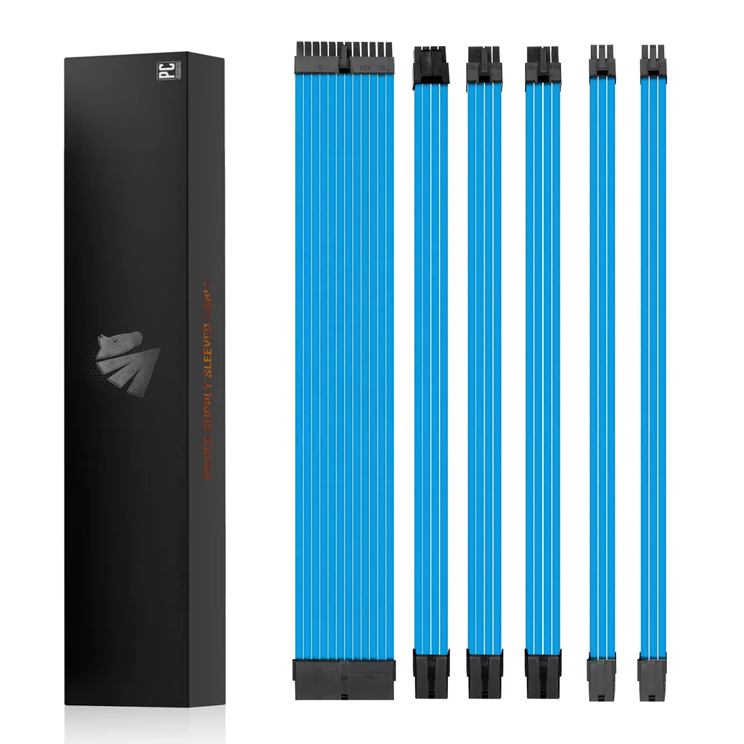 AsiaHorse 18AWG Blue Sleeved PSU Extension Cable Kit – 6 Pack, 300mm, PET Braided, Phosphor Copper Terminals, Durable & Flexible Cable Management Solution