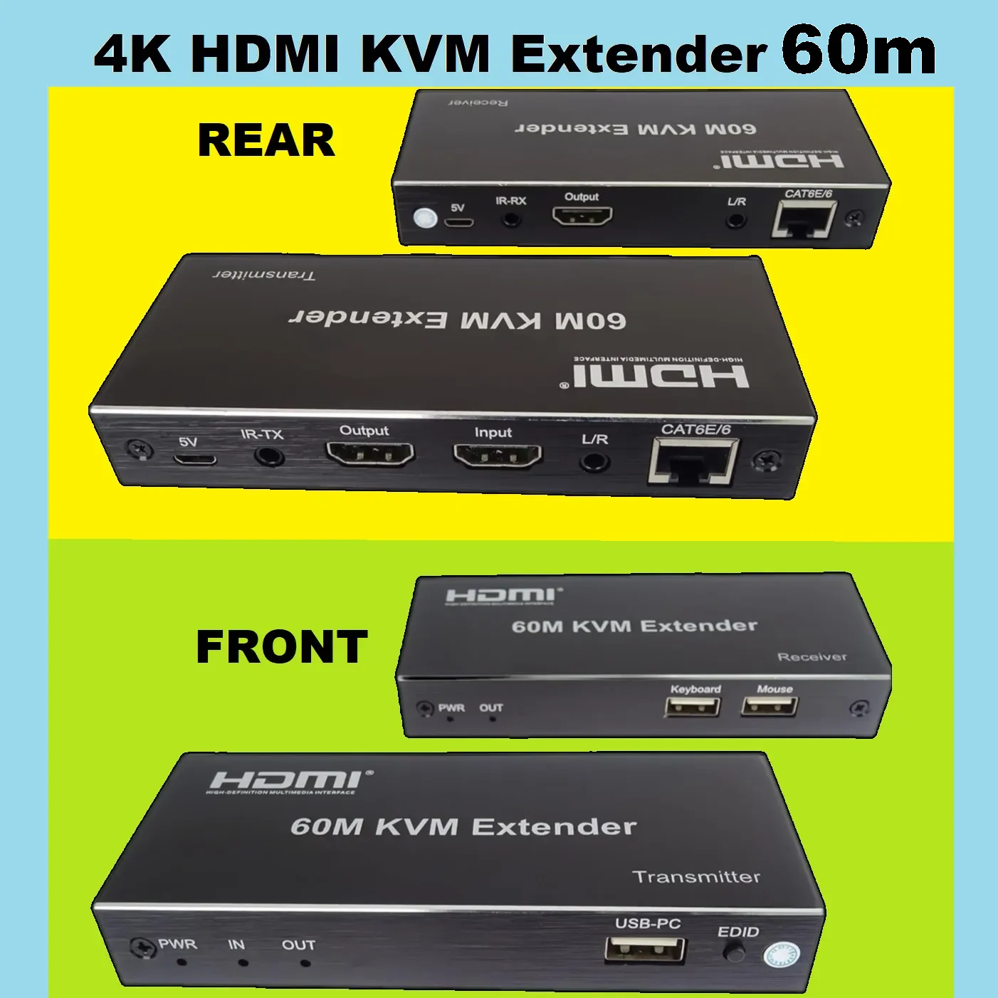 HDMI-60M-KVM HDMI EXTENDER 60M KVM USB PWR LAN BLUE BOX HDMI KVM Extender Kit " Transmitter TX & Receiver RX " Supports Audio Output and 2 x USB up to 60 meters Over Patch Cable CAT6E/6 , Compatible with Full HD 4K/1080P/1080i/720P 340MHz  , local loop-out