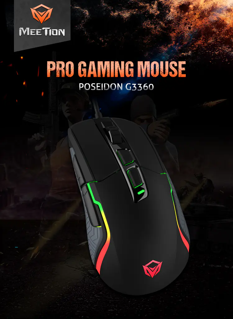 MEETION POSEIDON G3360 PRO 12000 DPI Wired Gaming Mouse | RGB Backlit, Ergonomic Design, 6 Buttons, Optical Sensor, USB, High Precision, Black – For FPS, MOBA & eSports