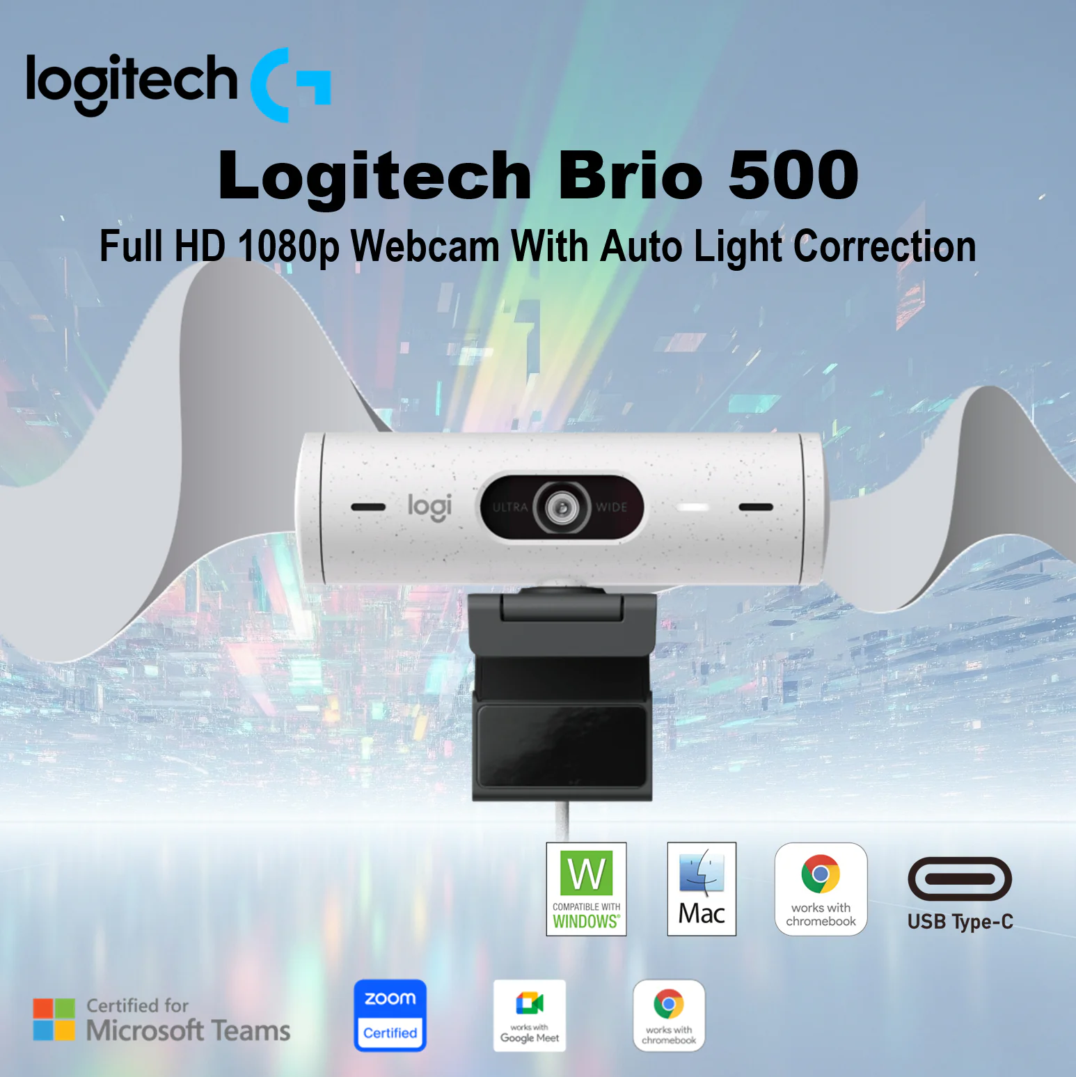 960-001430 LOGITECH WEBCAM BRIO 500 FULL HD 1080P PEARL WHITE Logitech Brio 500 Full HD 1080p Webcam With Auto Light Correction RightLight 4, Auto-Framing RightSight, Show Mode, Dual Noise Reduction Mics, Privacy Cover, Compatible with USB-C Devices Windows / macOS / ChromeOS | Pearl White